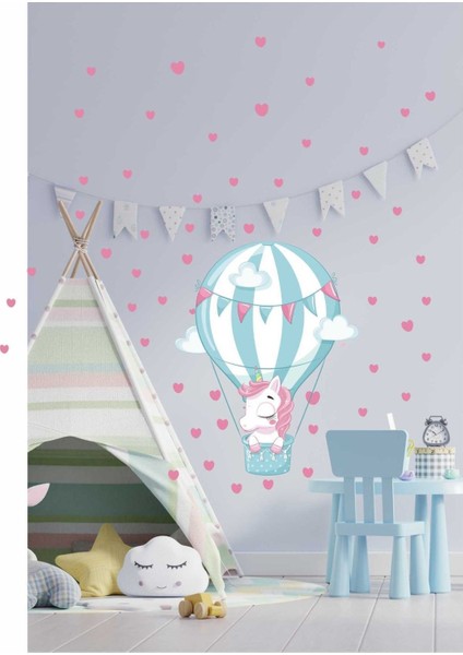 Renkli Unicorn ve Balon Kalp Duvar Süsü Seti, Çocuk Odası Dekorasyonu
