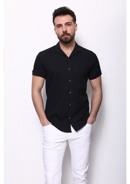 Düz Siyah Renk Slim Fit Apaç Yaka Kısa Kollu Erkek Gömlek