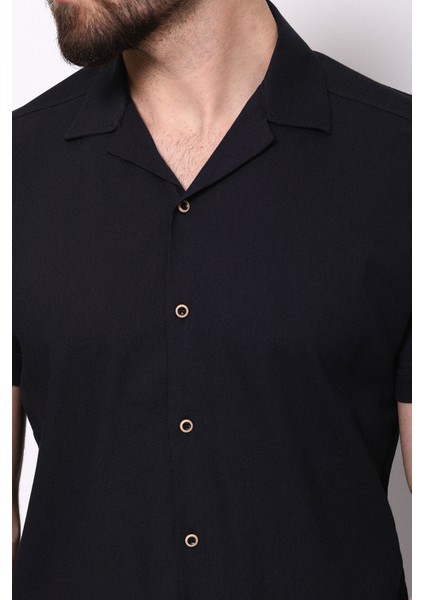Düz Siyah Renk Slim Fit Apaç Yaka Kısa Kollu Erkek Gömlek fiyatları