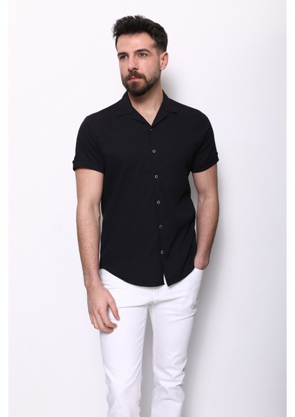 Düz Siyah Renk Slim Fit Apaç Yaka Kısa Kollu Erkek Gömlek modelleri
