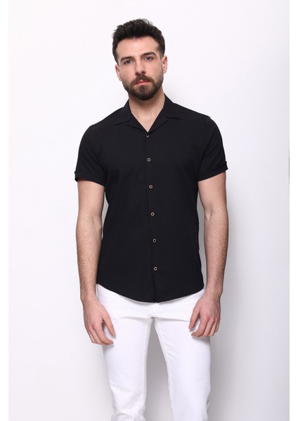 Düz Siyah Renk Slim Fit Apaç Yaka Kısa Kollu Erkek Gömlek fırsatları