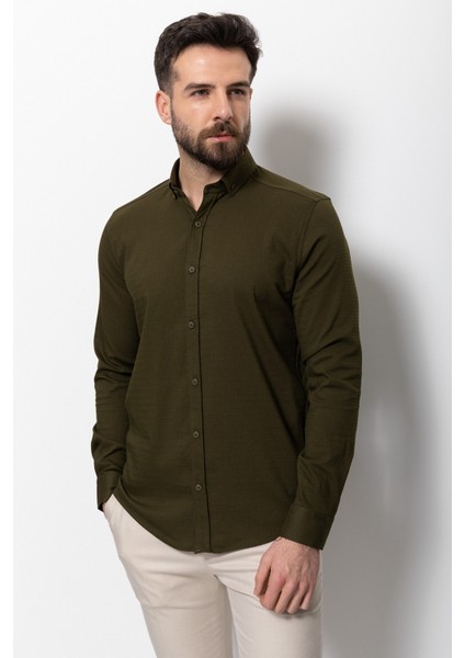 Desenli Haki Rengi Slim Fit Erkek Gömlek