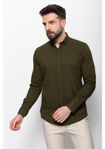 Desenli Haki Rengi Slim Fit Erkek Gömlek modelleri