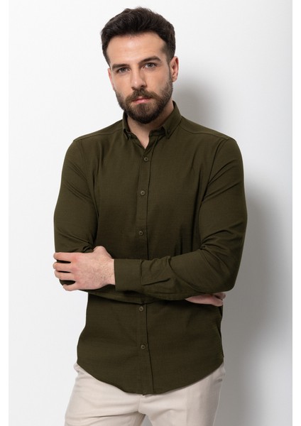 Desenli Haki Rengi Slim Fit Erkek Gömlek fırsatları
