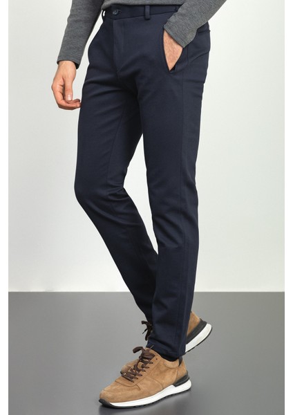 Düz Lacivert Super Slim Fit Beli Lastikli Erkek Pantolon