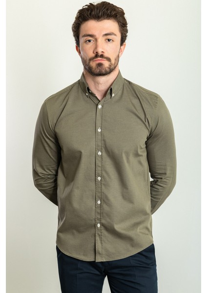 Düz Haki Rengi Slim Fit Uzun Kollu Erkek Gömlek