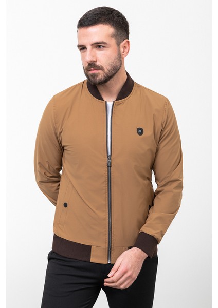Düz Kamel Rengi Slim Fit Hakim Yaka Erkek Mont
