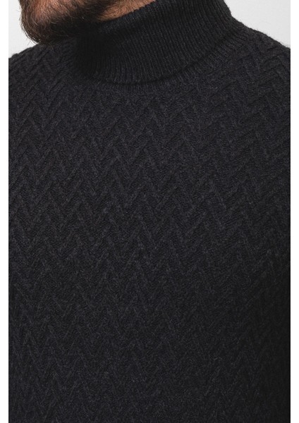 Desenli Siyah Renk Slim Fit Tam Balıkçı Yaka Yün Erkek Kazak fiyatları