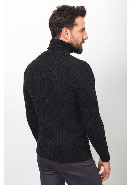 Desenli Siyah Renk Slim Fit Tam Balıkçı Yaka Yün Erkek Kazak fırsatları