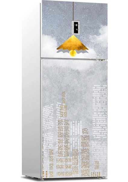 Renkli Şehir Silüet Buzdolabı Kaplama Stickerı, Dekoratif ve Canlandırıcı Tasarım