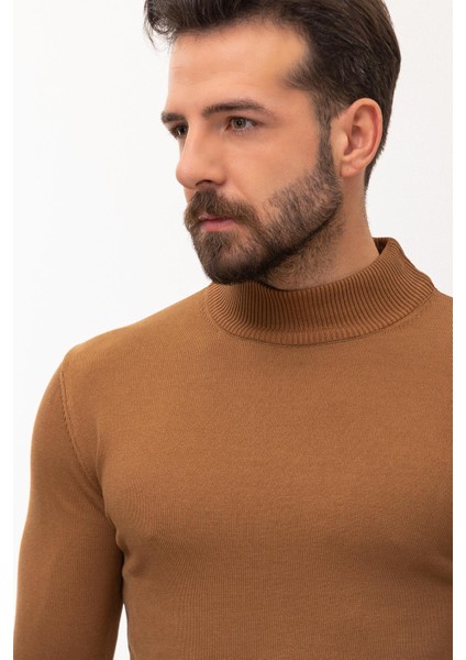 Düz Kamel Rengi Slim Fit Erkek Yarım Balıkçı Yaka Kazak fiyatları