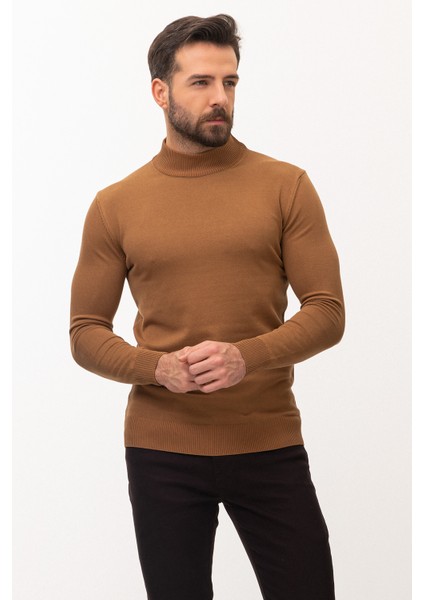 Düz Kamel Rengi Slim Fit Erkek Yarım Balıkçı Yaka Kazak fırsatları