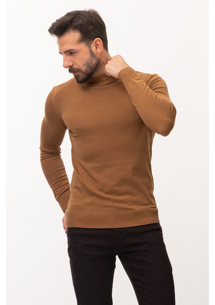 Düz Kamel Rengi Slim Fit Erkek Yarım Balıkçı Yaka Kazak indirimleri