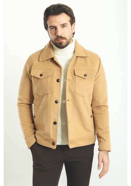 Düz Kamel Rengi Slim Fit Gömlek Yaka Yün Erkek Mont