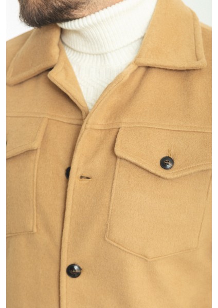 Düz Kamel Rengi Slim Fit Gömlek Yaka Yün Erkek Mont fiyatları