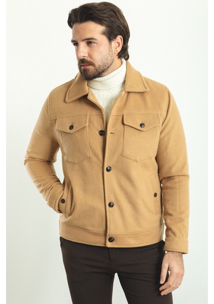 Düz Kamel Rengi Slim Fit Gömlek Yaka Yün Erkek Mont modelleri