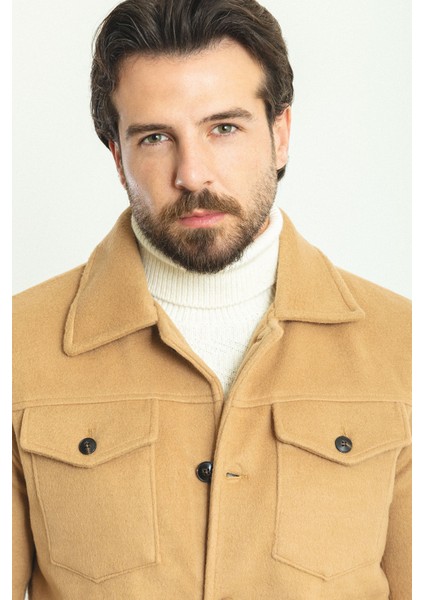 Düz Kamel Rengi Slim Fit Gömlek Yaka Yün Erkek Mont indirimleri