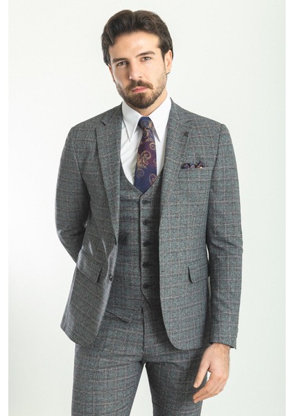 Ekoseli Siyah Renk Slim Fit Mono Yaka Yün Erkek Takım Elbise