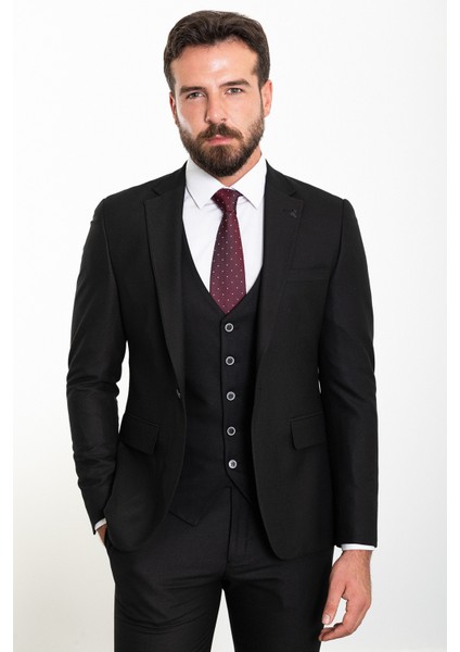 Düz Siyah Slim Fit Yün Klasik Erkek Takım Elbise