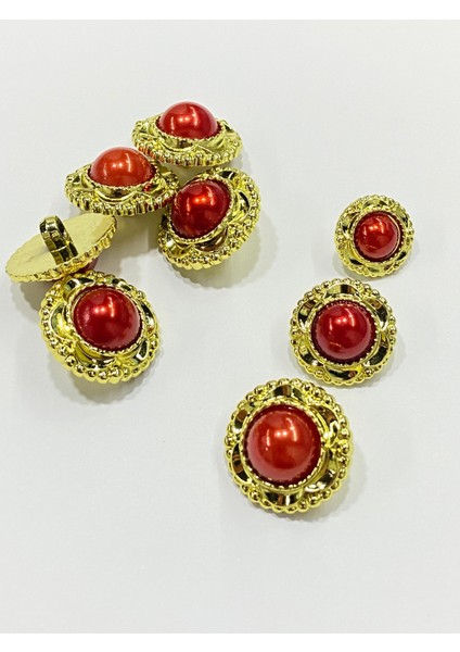 Vintage Serisi Düğme Seti / 2 cm 6 Lı Set (Gold - Kırmızı)