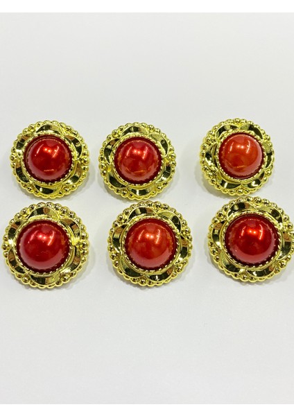 Vintage Serisi Düğme Seti / 1,7 cm 6 Lı Set (Gold - Kırmızı)