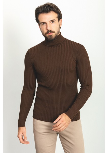 Çizgili Kahverengi Slim Fit Tam Balıkçı Yaka Erkek Kazak
