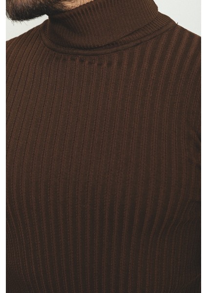 Çizgili Kahverengi Slim Fit Tam Balıkçı Yaka Erkek Kazak fiyatları