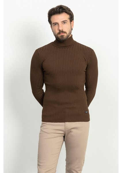 Çizgili Kahverengi Slim Fit Tam Balıkçı Yaka Erkek Kazak modelleri