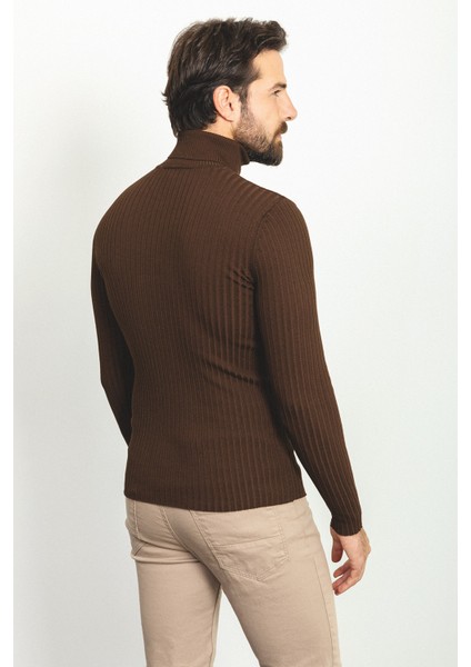 Çizgili Kahverengi Slim Fit Tam Balıkçı Yaka Erkek Kazak fırsatları