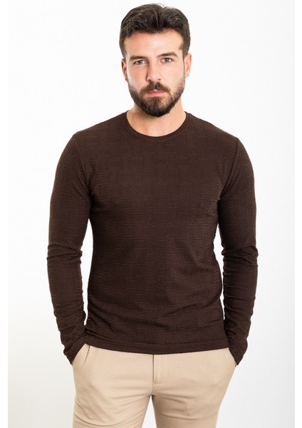Desenli Kahverengi Slim Fit Bisiklet Yaka Uzun Kollu Erkek T-Shirt