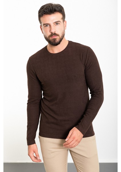 Desenli Kahverengi Slim Fit Bisiklet Yaka Uzun Kollu Erkek T-Shirt modelleri