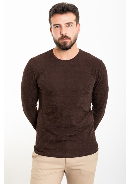 Desenli Kahverengi Slim Fit Bisiklet Yaka Uzun Kollu Erkek T-Shirt fırsatları