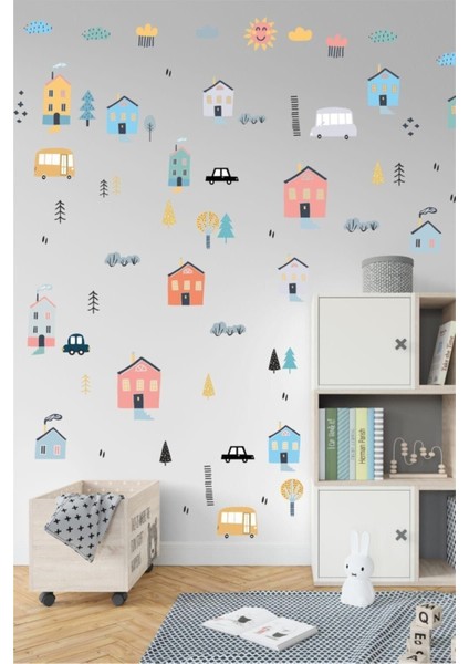 Renkli Mini Şehir Çocuk Odası Duvar Stickerı fiyatları