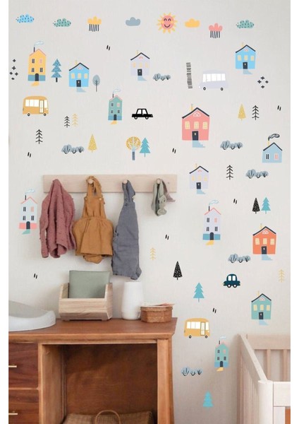 Renkli Mini Şehir Çocuk Odası Duvar Stickerı modelleri