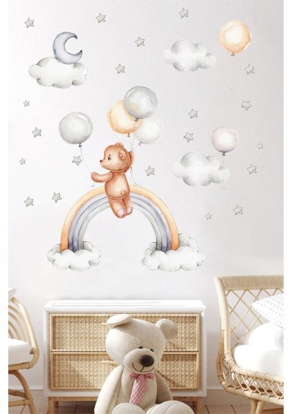 Sevimli Ayıcık Balonlar ve Gökkuşağı Çocuk Odası Duvar Sticker