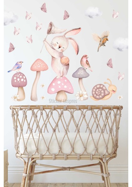 Kelebek Avcısı Tavşan Çocuk Odası Duvar Sticker Seti