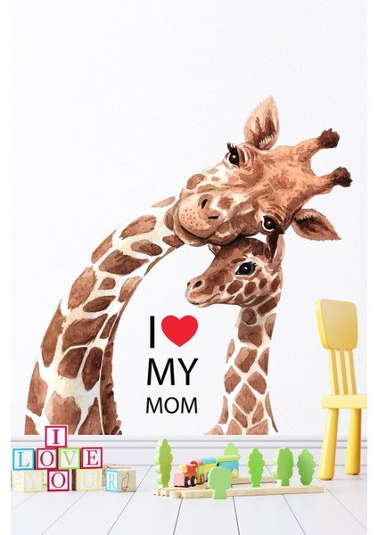 Sevimli zürafa ve yavrusu duvar stickerleri, renkli ve şık çocuk odası dekoru