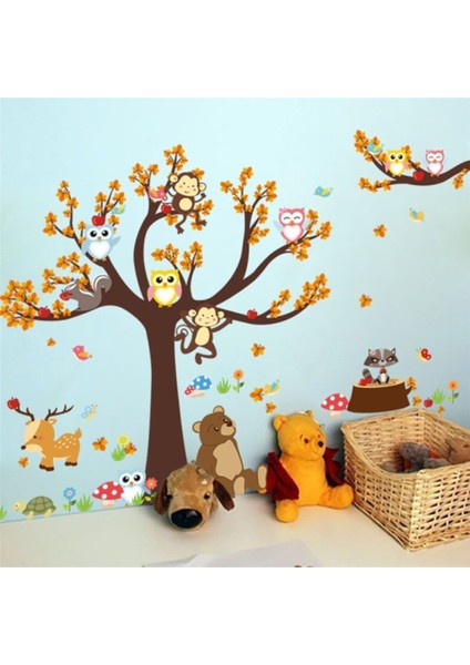 Renkli orman ve hayvan figürleri duvar dekoru, eğlenceli ve canlı tasarım, çocuk odası için