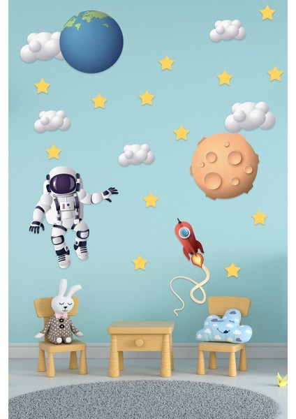 Renkli Uzay Temalı Çocuk Odası Duvar Stickerları, Parça Sayısı 5+, Eğlenceli Dekor