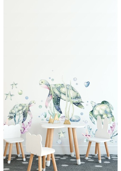 Renkli Su Altı Dünyası Deniz Kaplumbağaları Su Dekorasyonu, Çocuk Odası İçin 5+ Parça