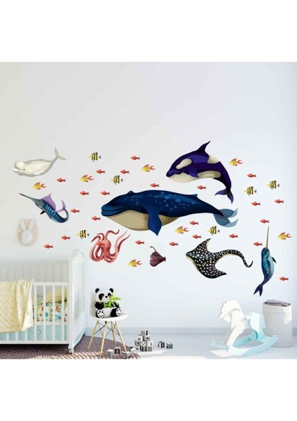 Deniz ve okyanus canlıları duvar stickerleri seti, çok renkli, çocuk odası dekoru