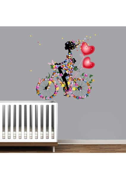 Neşeli kız çocuk odası doğa ve bisiklet temalı renkli duvar sticker seti, 5+ parça