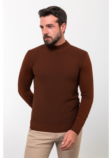 Desenli Kiremit Rengi Slim Fit Yarım Balıkçı Yaka Erkek Triko Kazak