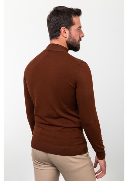 Desenli Kiremit Rengi Slim Fit Yarım Balıkçı Yaka Erkek Triko Kazak