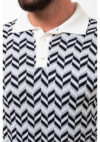 Desenli Ekru Slim Fit Polo Yaka Erkek Triko Kazak