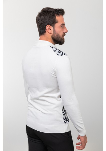 Desenli Ekru Slim Fit Polo Yaka Erkek Triko Kazak