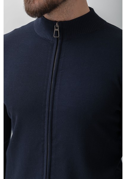 Duz Lacivert Renk Slim Fit Yarım Balıkcı Yaka Erkek Hırka