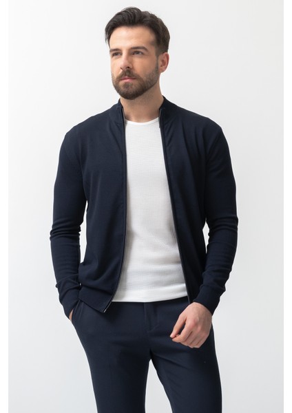 Duz Lacivert Renk Slim Fit Yarım Balıkcı Yaka Erkek Hırka