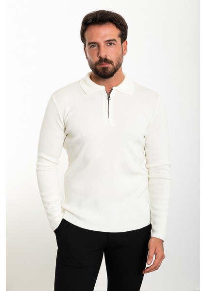Düz Ekru Slim Fit Fermuarlı Polo Yaka Erkek Triko Kazak