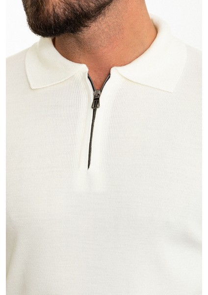 Düz Ekru Slim Fit Fermuarlı Polo Yaka Erkek Triko Kazak